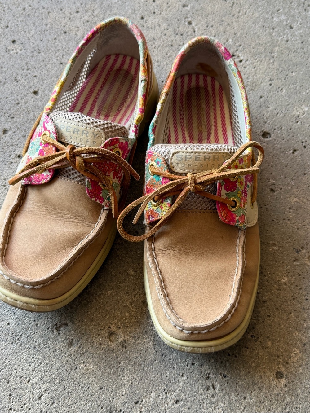 Sperry Tan Leather Boat Shoes with Floral Trim